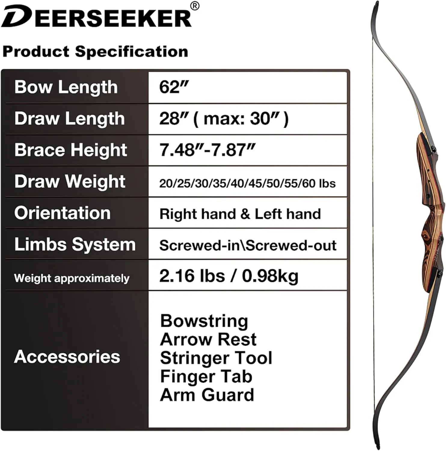 Deerseeker Archery 62" Takedown Recurve Bow Set for Adults & Youth with Right Hand & Left Handed Laminated Wooden Riser Bow Hunting Target Shooting 20-60lbs