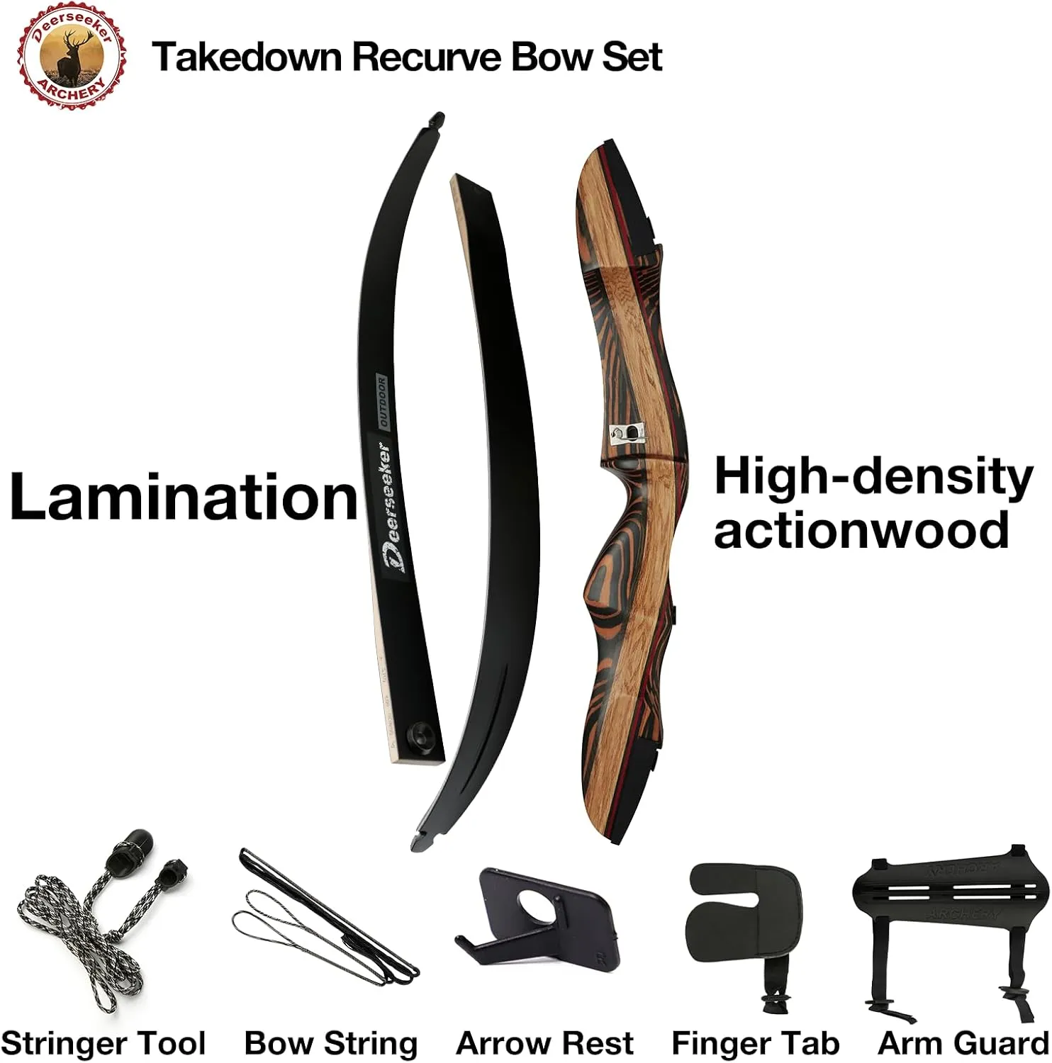 Deerseeker Archery 62" Takedown Recurve Bow Set for Adults & Youth with Right Hand & Left Handed Laminated Wooden Riser Bow Hunting Target Shooting 20-60lbs