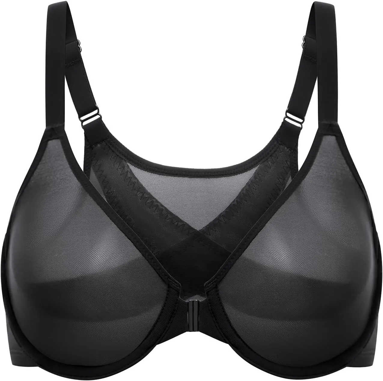 DELIMIRA Women's Cosnufy Posture Front Closure Bras Sheer Mesh Plus Size Underwire Unlined Bra