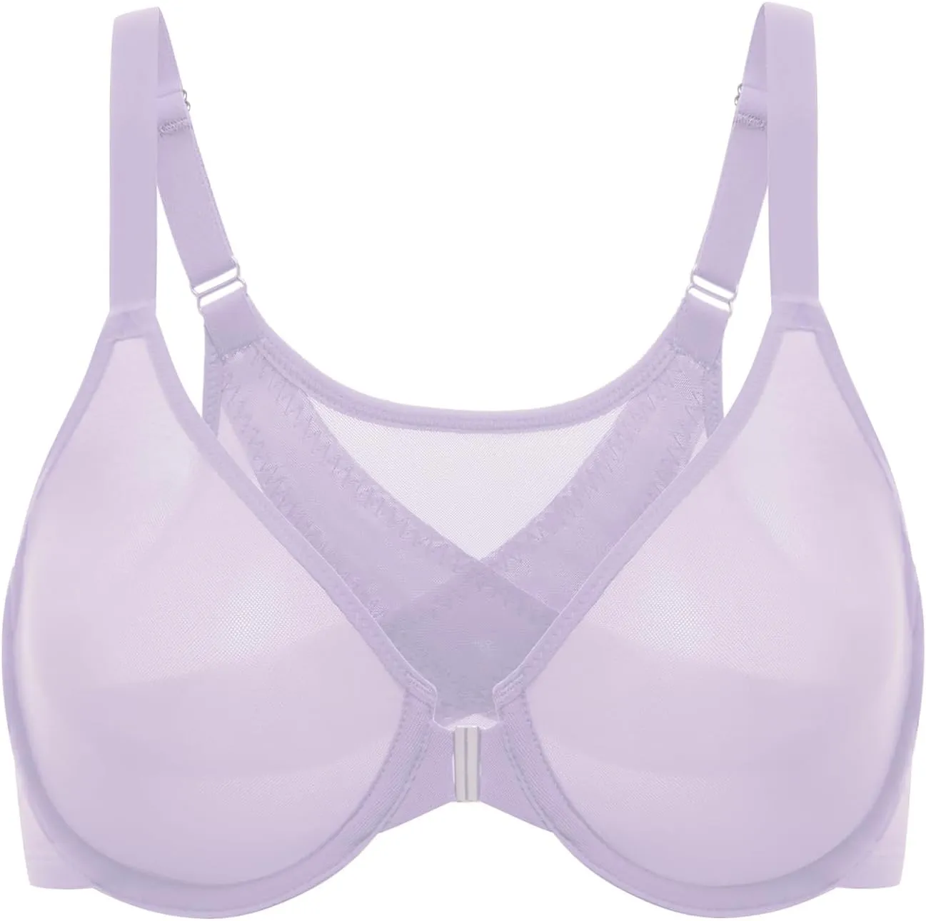 DELIMIRA Women's Cosnufy Posture Front Closure Bras Sheer Mesh Plus Size Underwire Unlined Bra