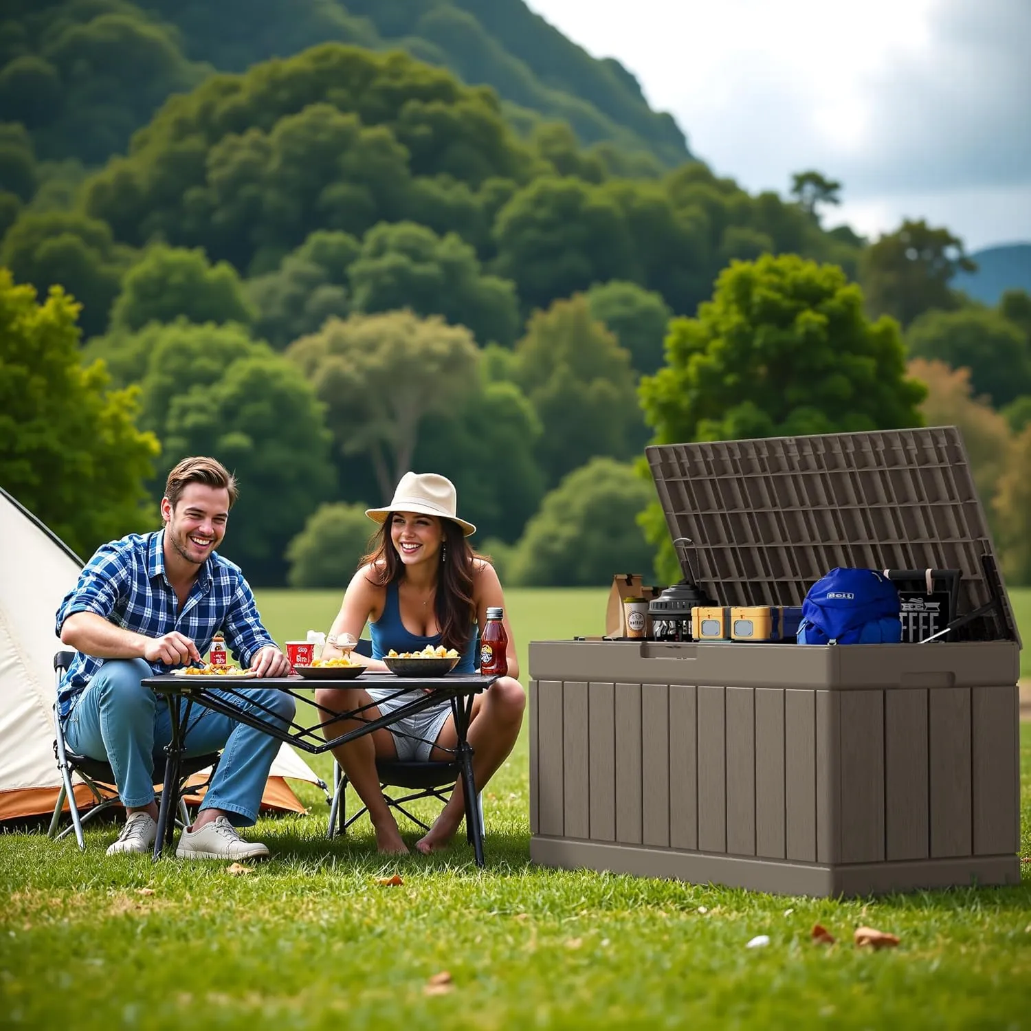 Devoko 80 Gallon Deck Box, Waterproof Resin Outdoor Storage Box for Outside and Patio, Outdoor Storage Bench Lockable for Patio Furniture, Garden Tools and Pool Supplies (Light Brown, 80 Gallon)