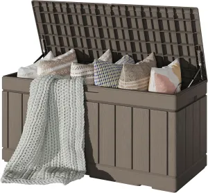 Devoko 80 Gallon Deck Box, Waterproof Resin Outdoor Storage Box for Outside and Patio, Outdoor Storage Bench Lockable for Patio Furniture, Garden Tools and Pool Supplies (Light Brown, 80 Gallon)
