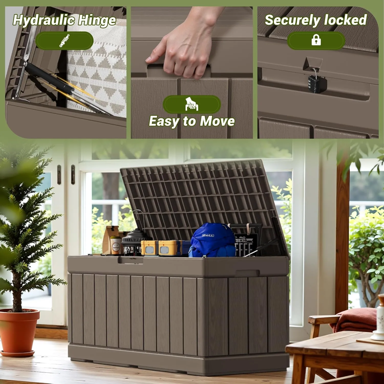 Devoko 80 Gallon Deck Box, Waterproof Resin Outdoor Storage Box for Outside and Patio, Outdoor Storage Bench Lockable for Patio Furniture, Garden Tools and Pool Supplies (Light Brown, 80 Gallon)