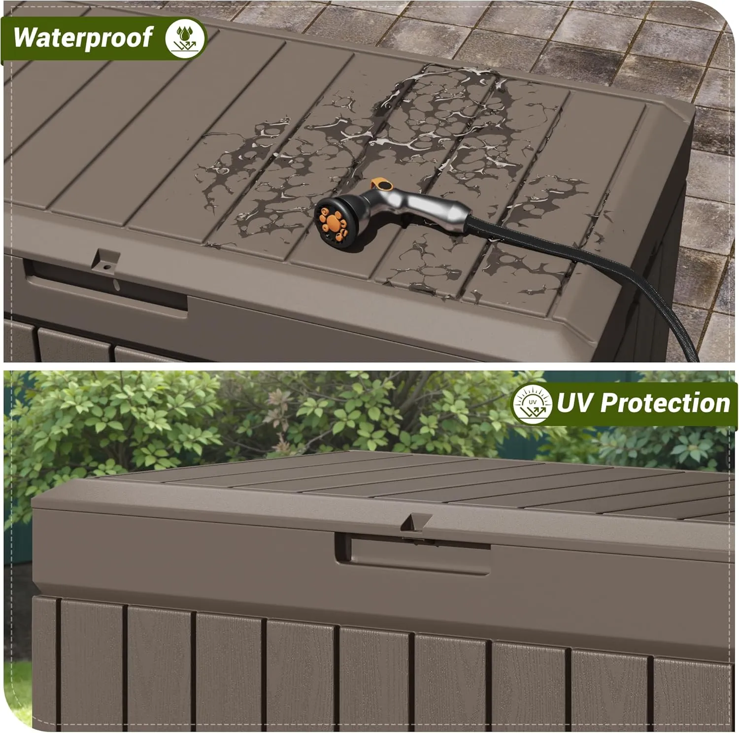 Devoko 80 Gallon Deck Box, Waterproof Resin Outdoor Storage Box for Outside and Patio, Outdoor Storage Bench Lockable for Patio Furniture, Garden Tools and Pool Supplies (Light Brown, 80 Gallon)
