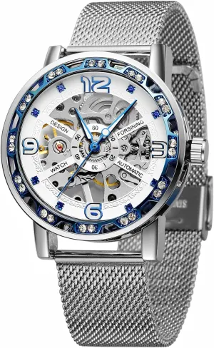 Diamond Golden Skeleton Men Hand Wind Mechanical Watch Stainless Steel Mesh Band Luminous Watches Sport Business Clock