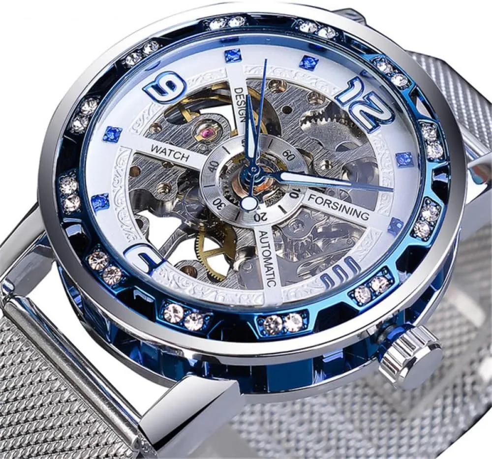 Diamond Golden Skeleton Men Hand Wind Mechanical Watch Stainless Steel Mesh Band Luminous Watches Sport Business Clock