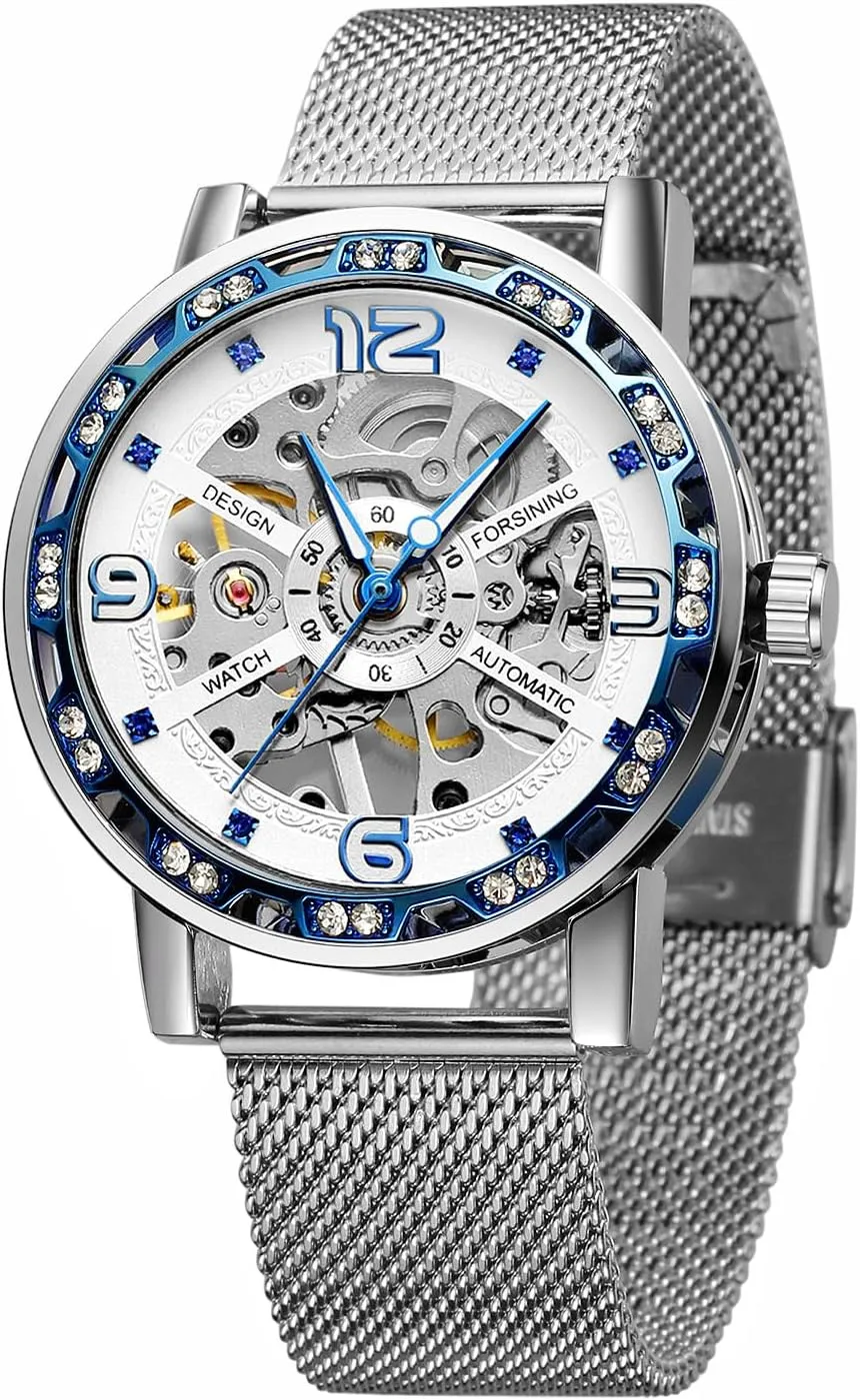 Diamond Golden Skeleton Men Hand Wind Mechanical Watch Stainless Steel Mesh Band Luminous Watches Sport Business Clock