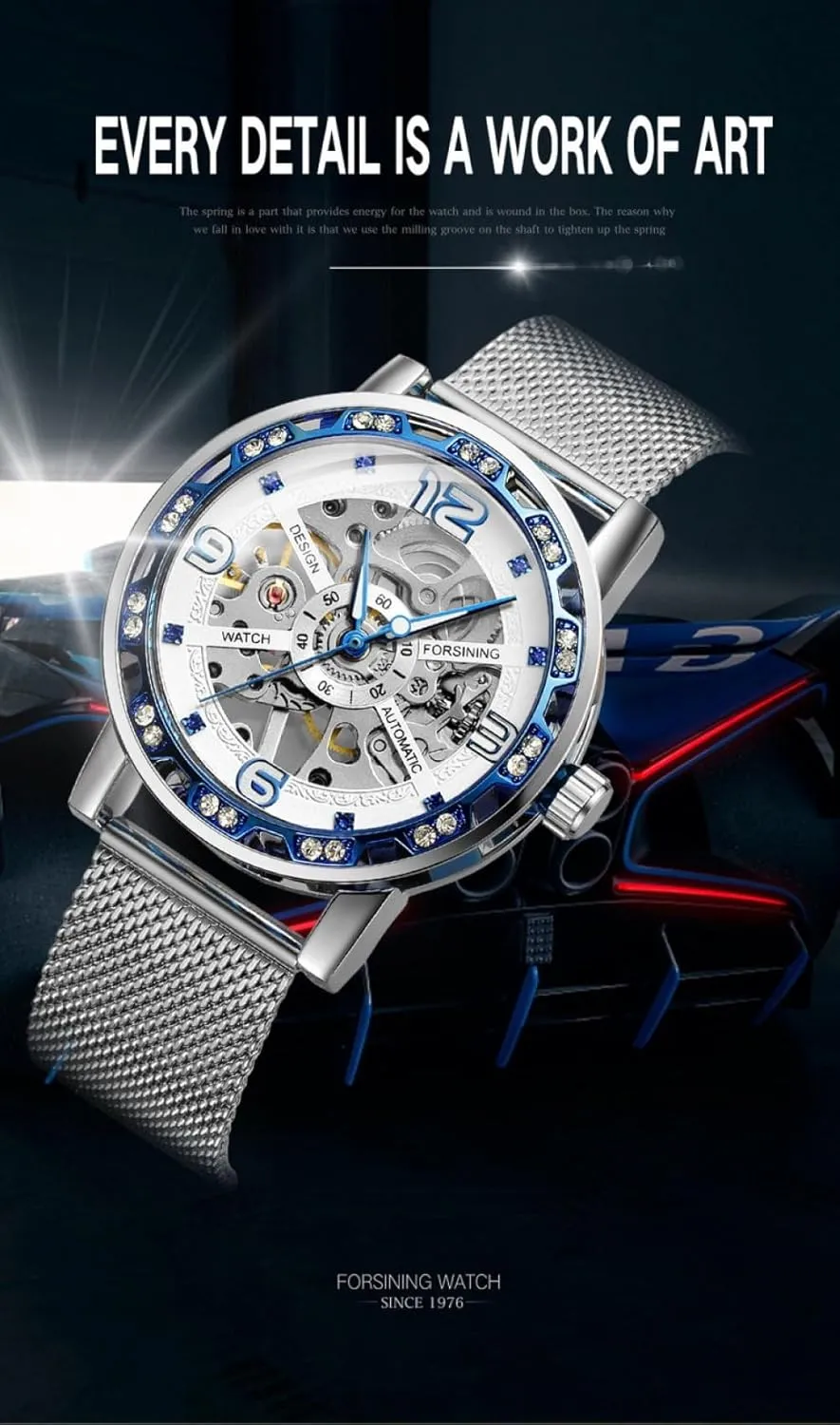 Diamond Golden Skeleton Men Hand Wind Mechanical Watch Stainless Steel Mesh Band Luminous Watches Sport Business Clock