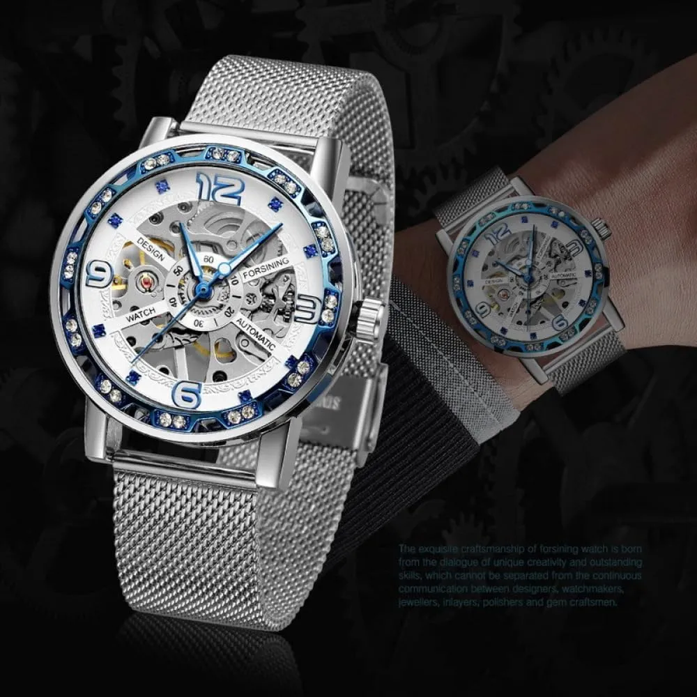 Diamond Golden Skeleton Men Hand Wind Mechanical Watch Stainless Steel Mesh Band Luminous Watches Sport Business Clock