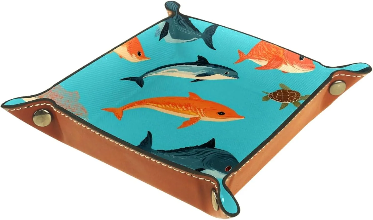 Dice Trays Fish and Turtles Holder Storage Box for Dice Games Like RPG DND, Microfiber Leather Dice Holder Portable Folding Rolling Dice Tray, 20.5x20.5cm
