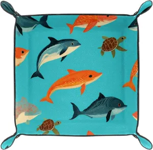 Dice Trays Fish and Turtles Holder Storage Box for Dice Games Like RPG DND, Microfiber Leather Dice Holder Portable Folding Rolling Dice Tray, 20.5x20.5cm