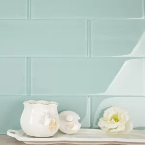 Diflart Soft Green Bluish Glass Subway Tile, 4x12 Inch, 4 Sq.ft, Glass Tile Backsplash for Kitchen Shower Bathroom Wall, Pack of 12 Pcs
