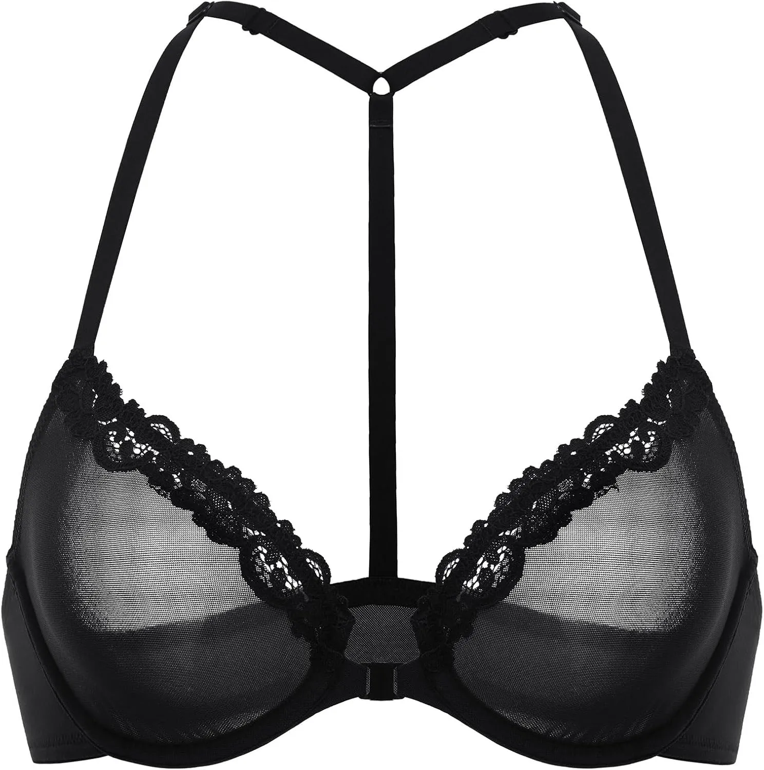 DOBREVA Women's Mesh Front Closure Racerback Bra Lace Trim Unlined Underwire Sexy Plunge Sheer Bras Y Back