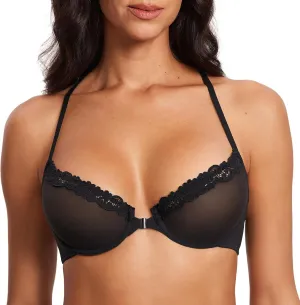 DOBREVA Women's Mesh Front Closure Racerback Bra Lace Trim Unlined Underwire Sexy Plunge Sheer Bras Y Back