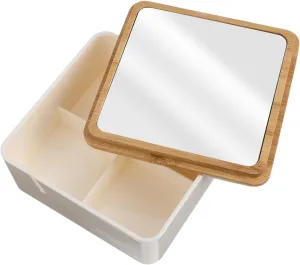 DOITOOL Square Mini Wood Grain Desk Mirror Portable Makeup Mirror Storage Container
