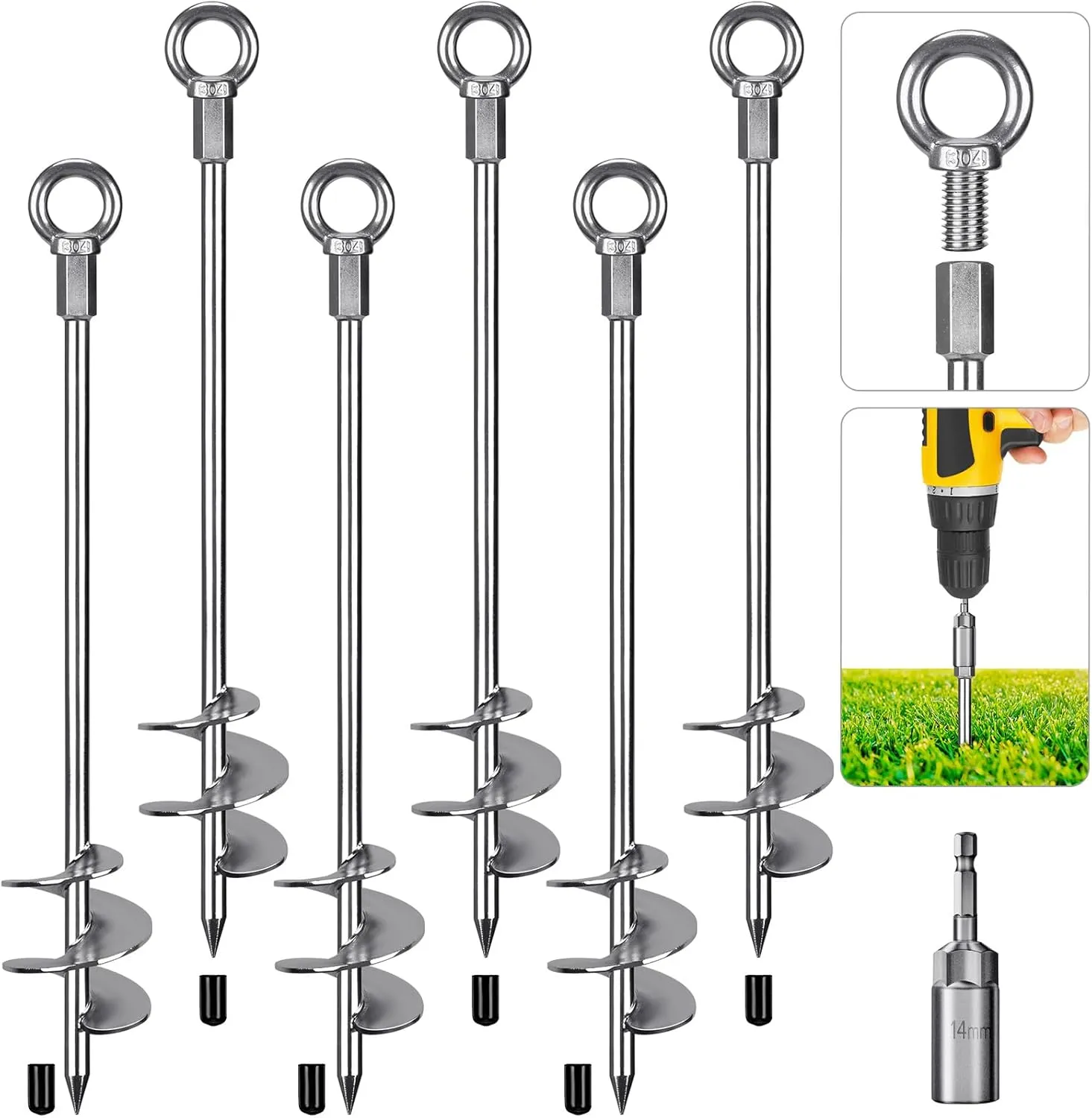 Dolibest 30" Heavy-Duty Ground Anchors Screw in, 3" Wide Spiral Earth Anchors for Swing Set, Wind Resistant Mobile Home, Trampoline, Sheds - Fully Welded Ground Anchors-Set of 6