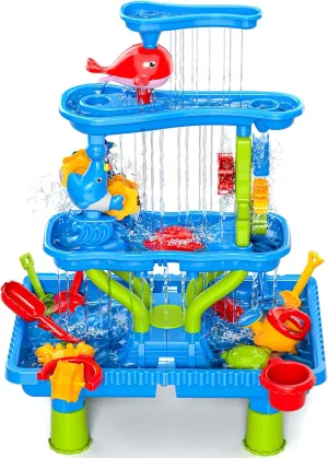 DOLOOWEE Sand & Water Table for Kids 3  with 3-Tier Design, Rain Showers Splash Pond & Beach Toys – Outdoor Sensory Play Activity Table for Toddlers Boys Girls – Summer Backyard, Sandpit Fun