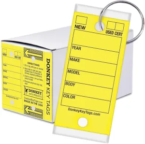 Donkey Key Tags, Laminated Self-Protecting (250 Tags Per Box with Metal Rings) (Yellow)