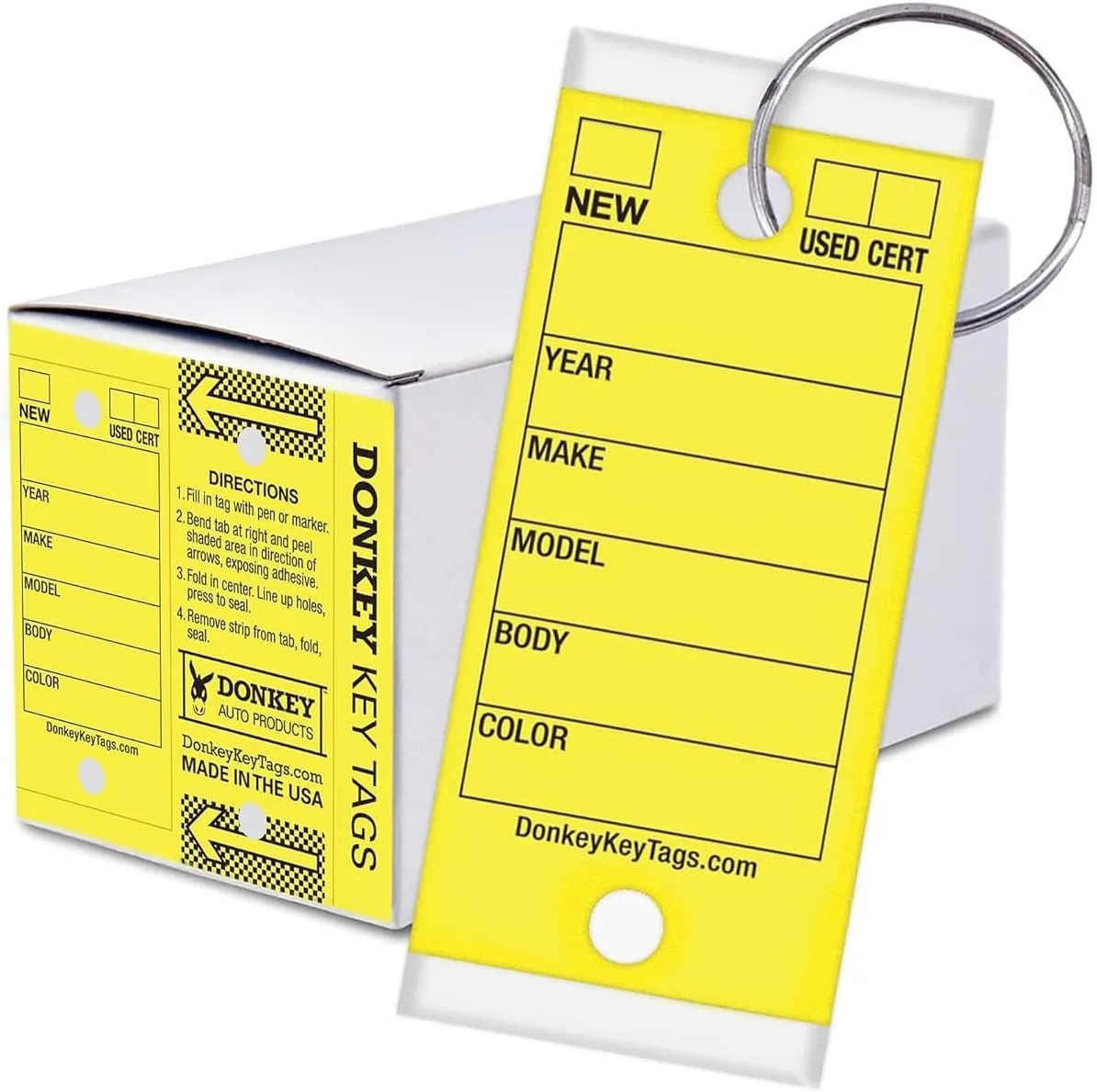 Donkey Key Tags, Laminated Self-Protecting (250 Tags Per Box with Metal Rings) (Yellow)
