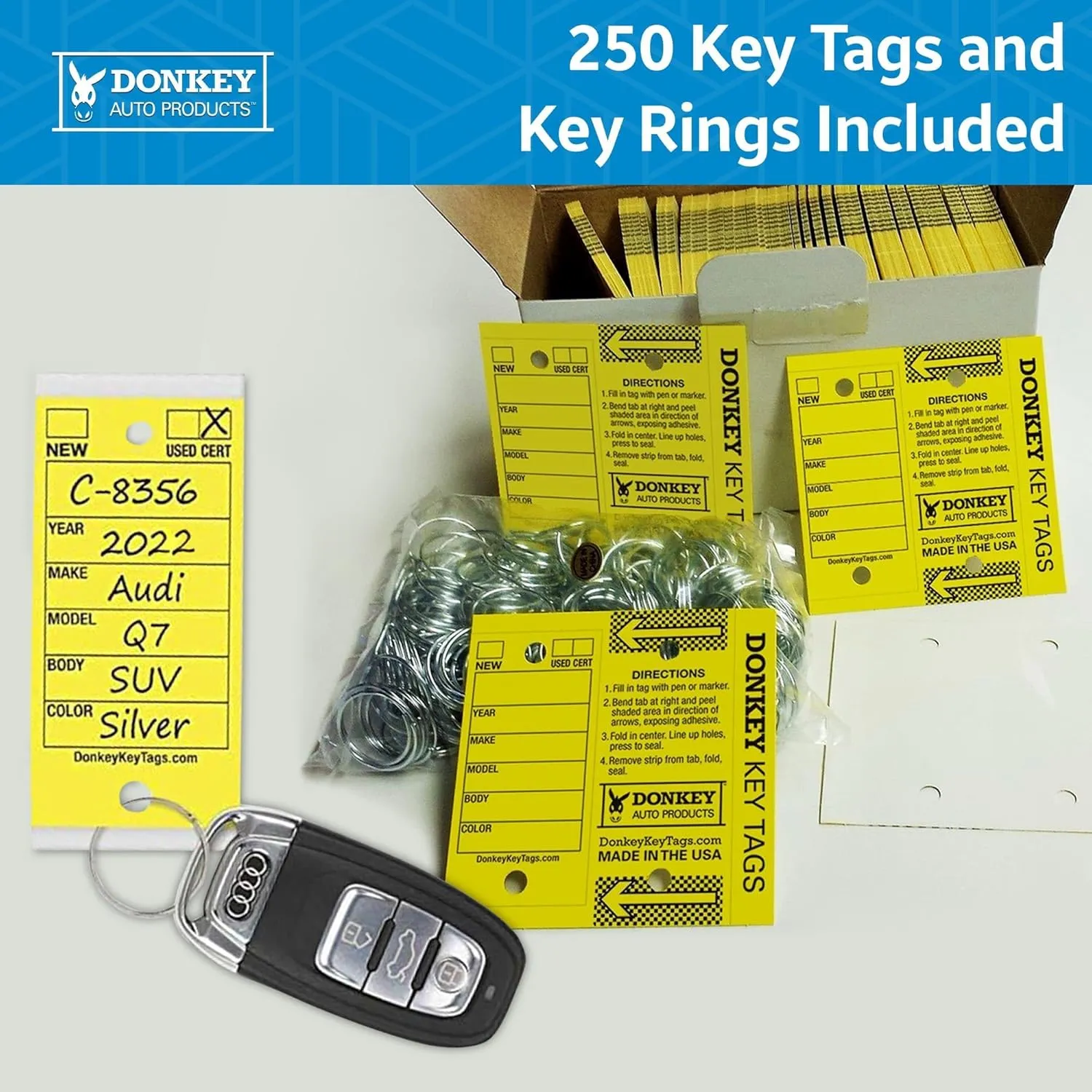 Donkey Key Tags, Laminated Self-Protecting (250 Tags Per Box with Metal Rings) (Yellow)
