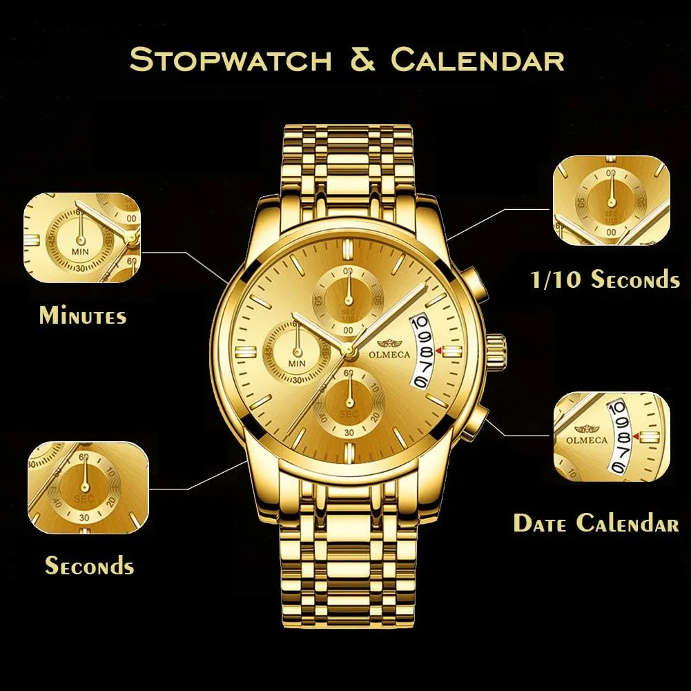 DREAMING Q&P Men's Watches Luxury Fashion Casual Dress Chronograph Waterproof Military Quartz Wristwatches for Men Stainless Steel Band Gold Black