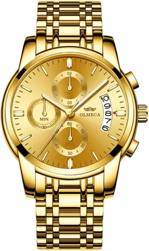 DREAMING Q&P Men's Watches Luxury Fashion Casual Dress Chronograph Waterproof Military Quartz Wristwatches for Men Stainless Steel Band Gold Black