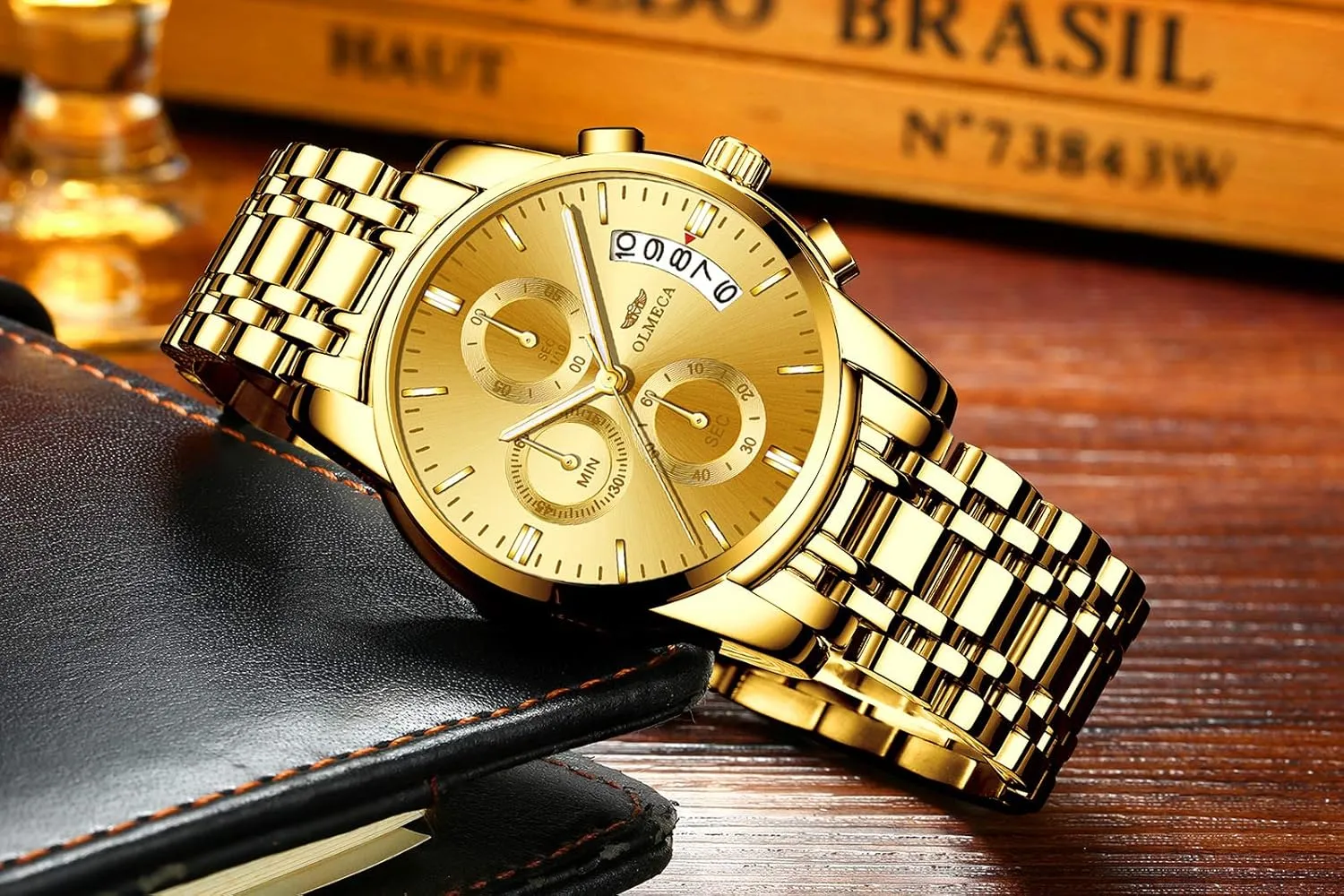 DREAMING Q&P Men's Watches Luxury Fashion Casual Dress Chronograph Waterproof Military Quartz Wristwatches for Men Stainless Steel Band Gold Black
