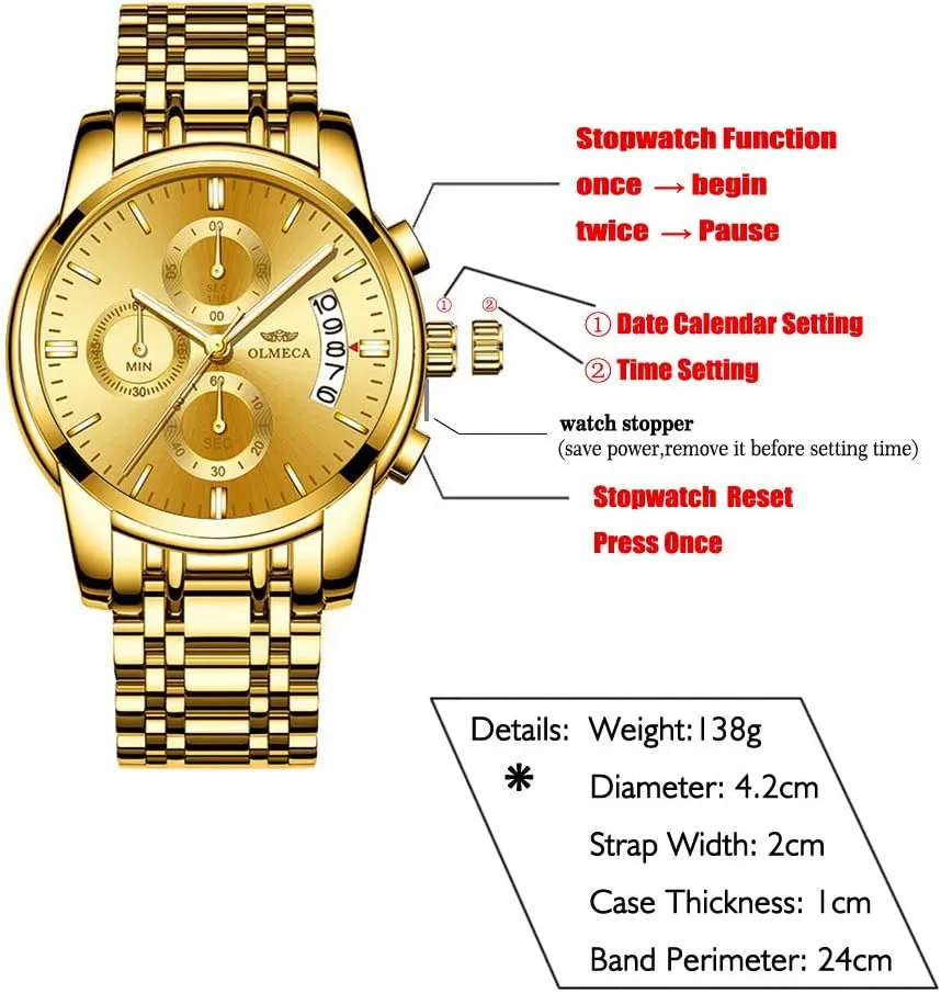 DREAMING Q&P Men's Watches Luxury Fashion Casual Dress Chronograph Waterproof Military Quartz Wristwatches for Men Stainless Steel Band Gold Black