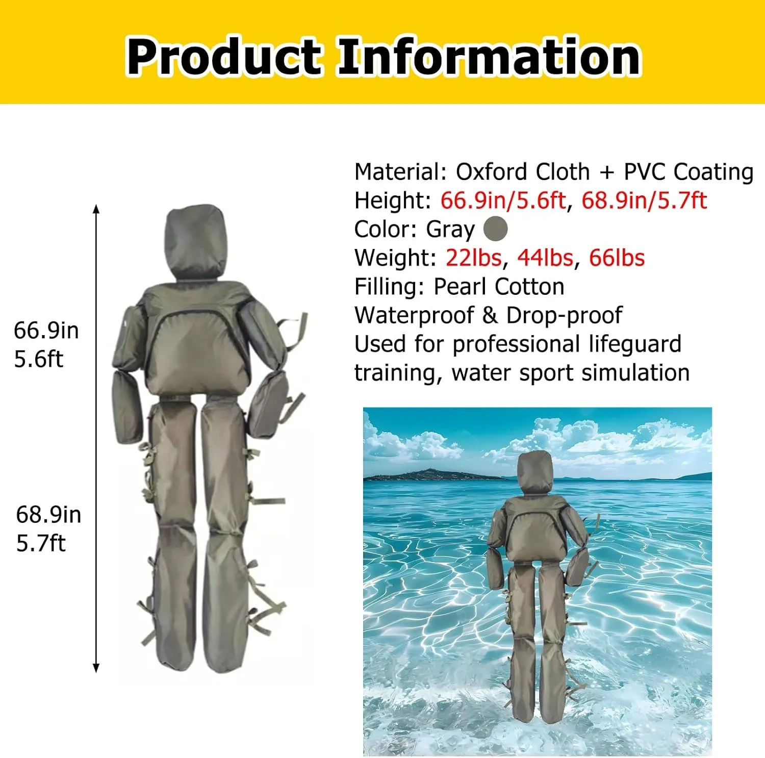 Drowning Drill Dummy 5ft, Portable Drowning Prevention Teaching Tools, Filled with Sand/Sponge, Reusable Swimming Training Dummy Large for Naval School/Home Pool