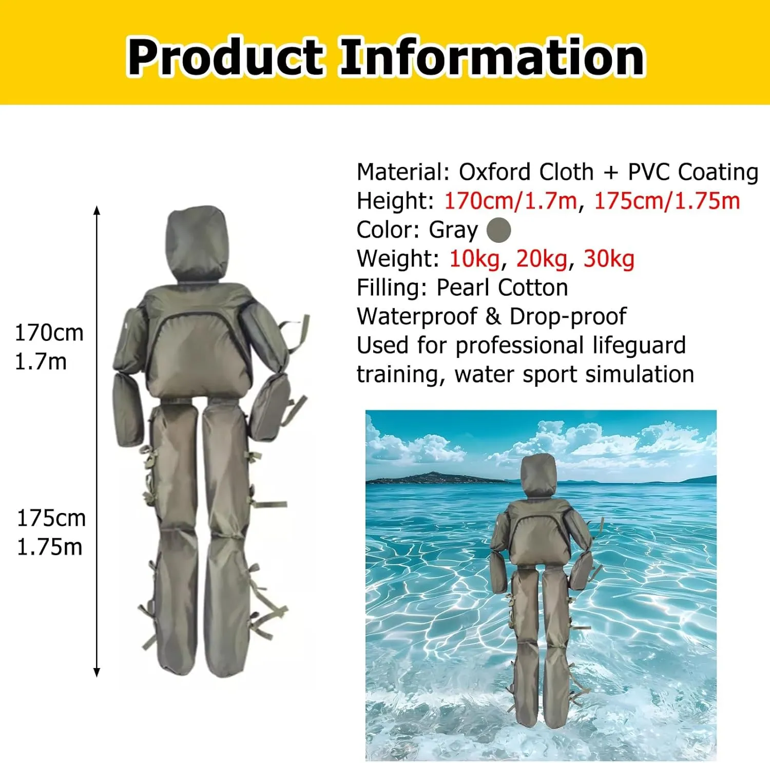 Drowning Drill Model for School/Community, 170 175 CM Tall Water Life-Saving Training Dummy, Adjustable Swimming Training Dummy, Double Waterproof Oxford Cloth