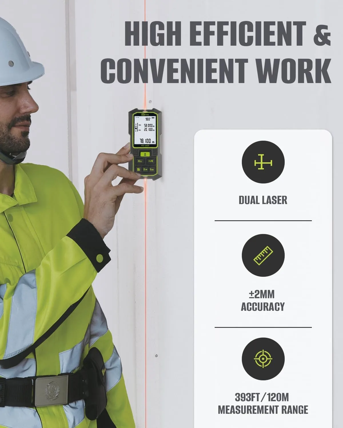 Dual Laser Measurement Tool, 393Ft/120M Bilateral Laser Distance Meter, Rechargeable Laser Measure with Ft/in/M Multiple Units, Angle Sensor, Pythagorean Mode, Area and Volume