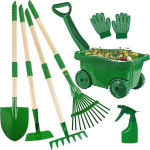 Duckura Kids Gardening Tools Set - 7pcs Wheelbarrow Set for Kids with Shovel, Rake, Leaf Rake, Summer Outdoor Yard Digging Weed Toys, Halloween Birthday Gifts for Boys Girls Age 2 3  Years Old(Green)