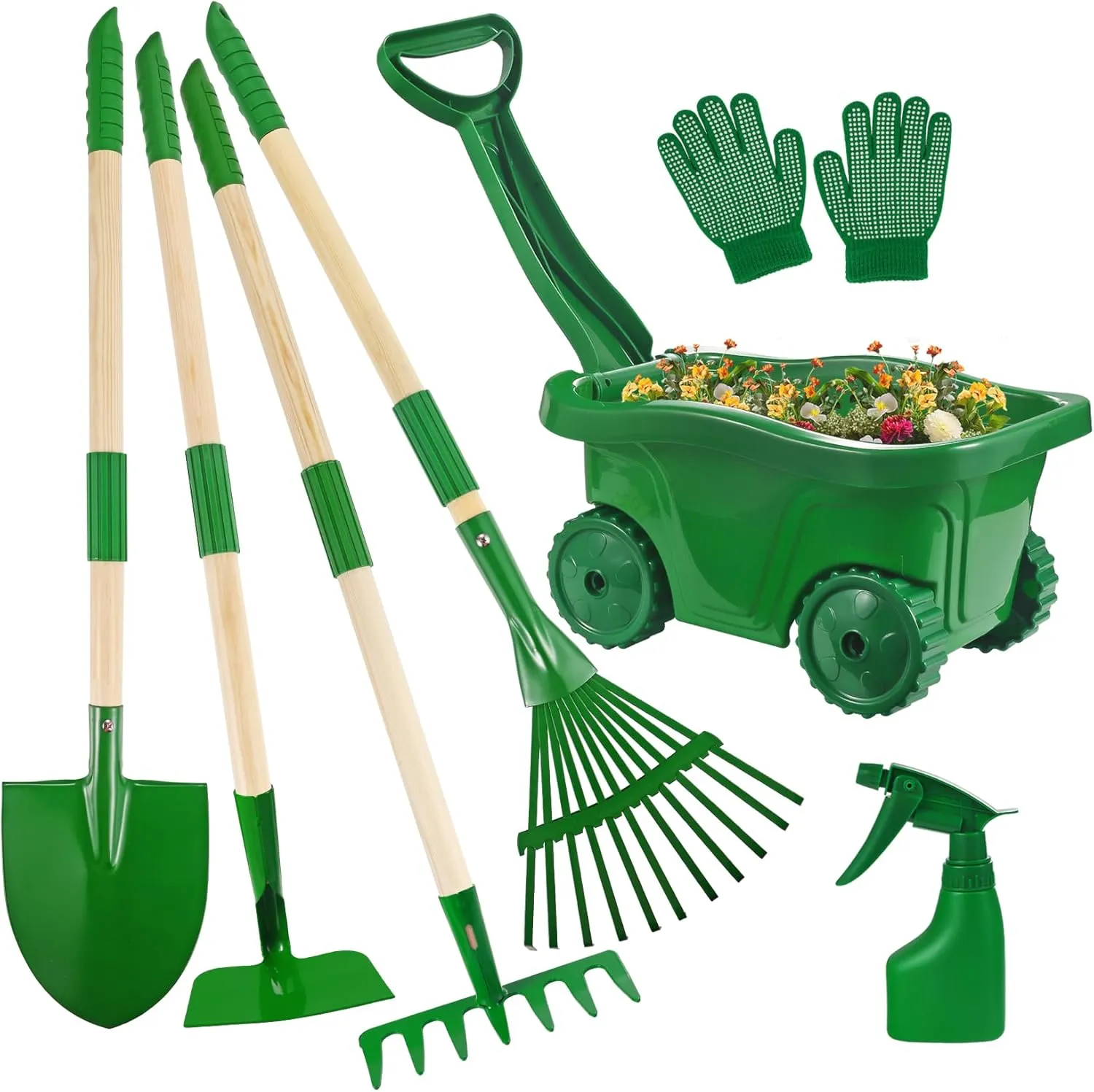 Duckura Kids Gardening Tools Set - 7pcs Wheelbarrow Set for Kids with Shovel, Rake, Leaf Rake, Summer Outdoor Yard Digging Weed Toys, Halloween Birthday Gifts for Boys Girls Age 2 3  Years Old(Green)