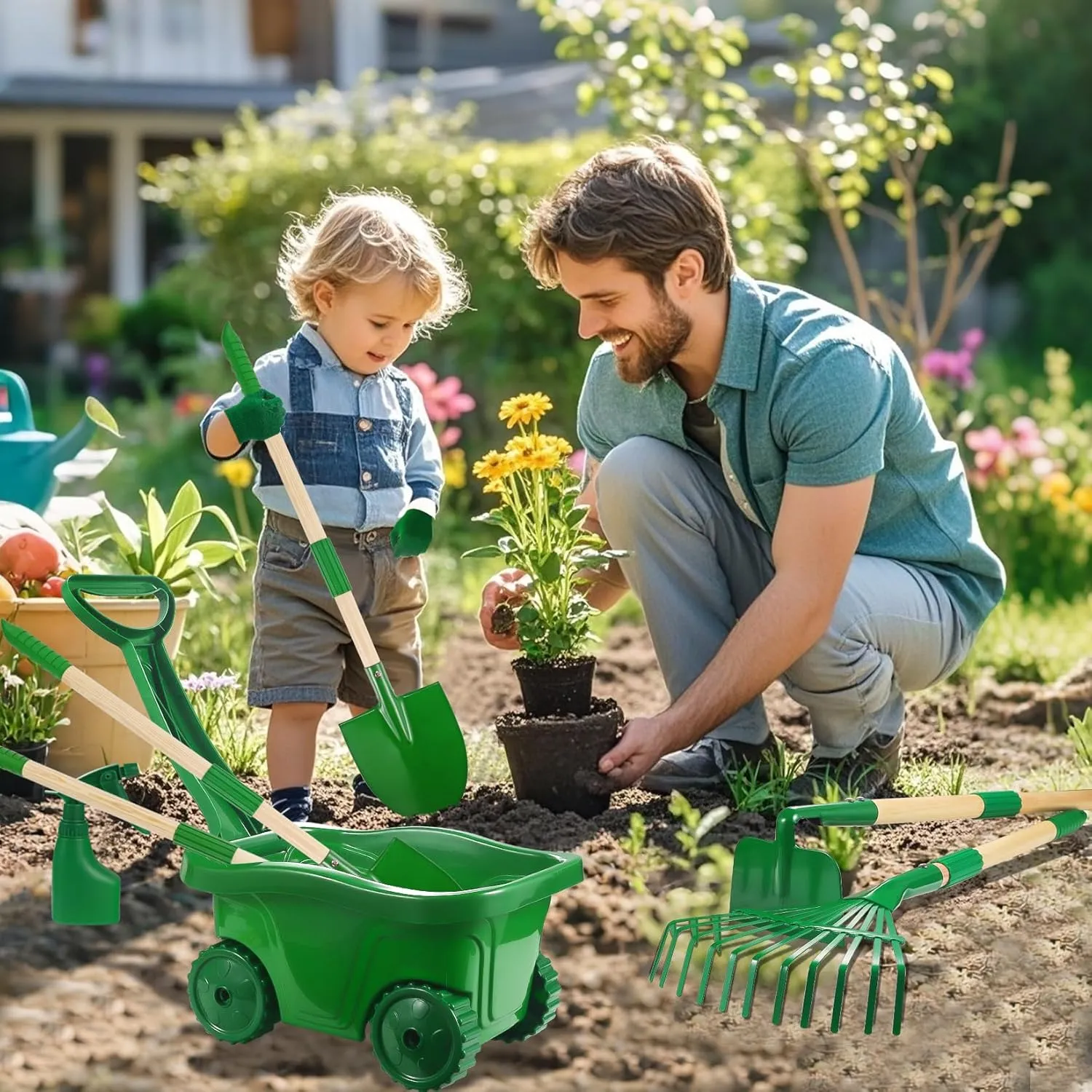 Duckura Kids Gardening Tools Set - 7pcs Wheelbarrow Set for Kids with Shovel, Rake, Leaf Rake, Summer Outdoor Yard Digging Weed Toys, Halloween Birthday Gifts for Boys Girls Age 2 3  Years Old(Green)