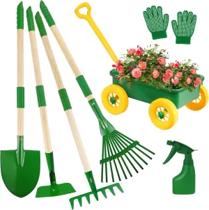 Duckura Kids Gardening Tools Set - 7pcs Wheelbarrow Set Outdoor Toy for Kids with Shovel, Rake, Leaf Rake, Yard Digging Weed Toys, Halloween Birthday Gifts for Boys Girls Age 2 3 Years Old(Yellow)