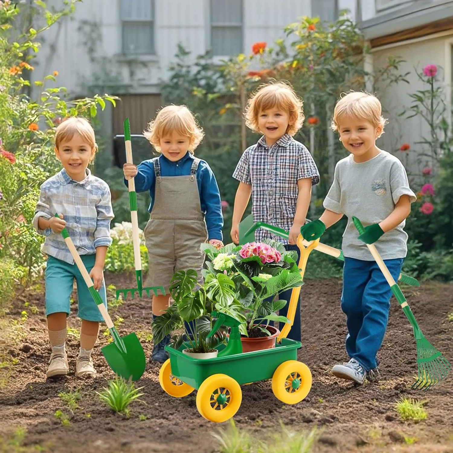 Duckura Kids Gardening Tools Set - 7pcs Wheelbarrow Set Outdoor Toy for Kids with Shovel, Rake, Leaf Rake, Yard Digging Weed Toys, Halloween Birthday Gifts for Boys Girls Age 2 3 Years Old(Yellow)