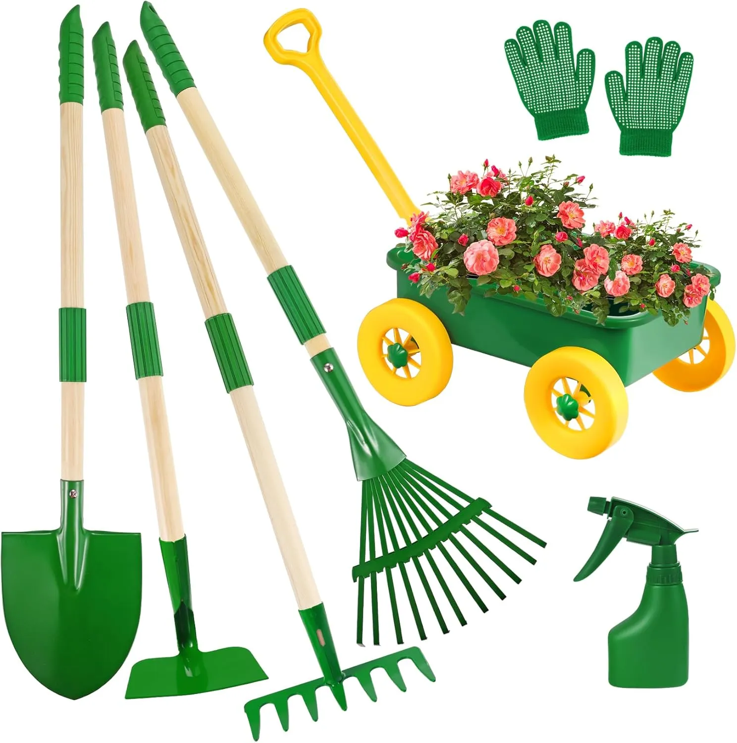 Duckura Kids Gardening Tools Set - 7pcs Wheelbarrow Set Outdoor Toy for Kids with Shovel, Rake, Leaf Rake, Yard Digging Weed Toys, Halloween Birthday Gifts for Boys Girls Age 2 3 Years Old(Yellow)
