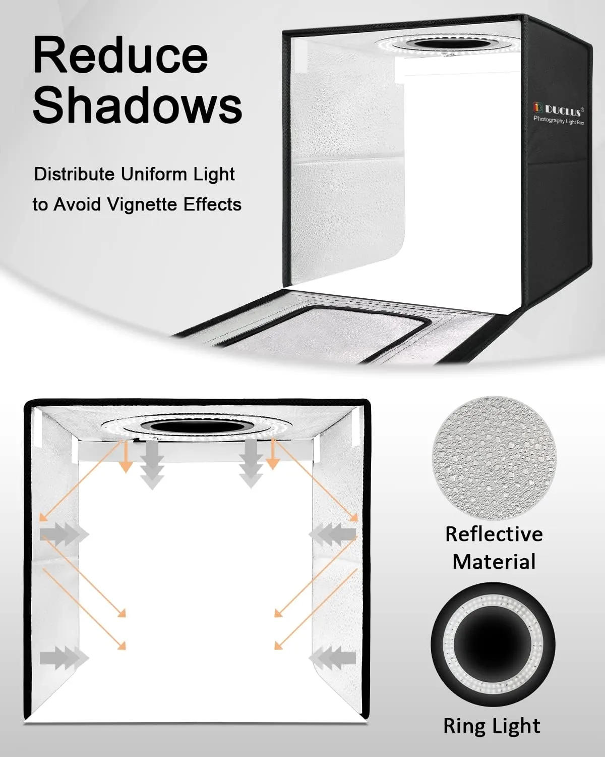 DUCLUS Light Box Photography, 16x16 inch Portable Photo Studio Box with 160 LED Dimmable Lights, 6 PVC & 2 Paper Backdrops for Product Photography.