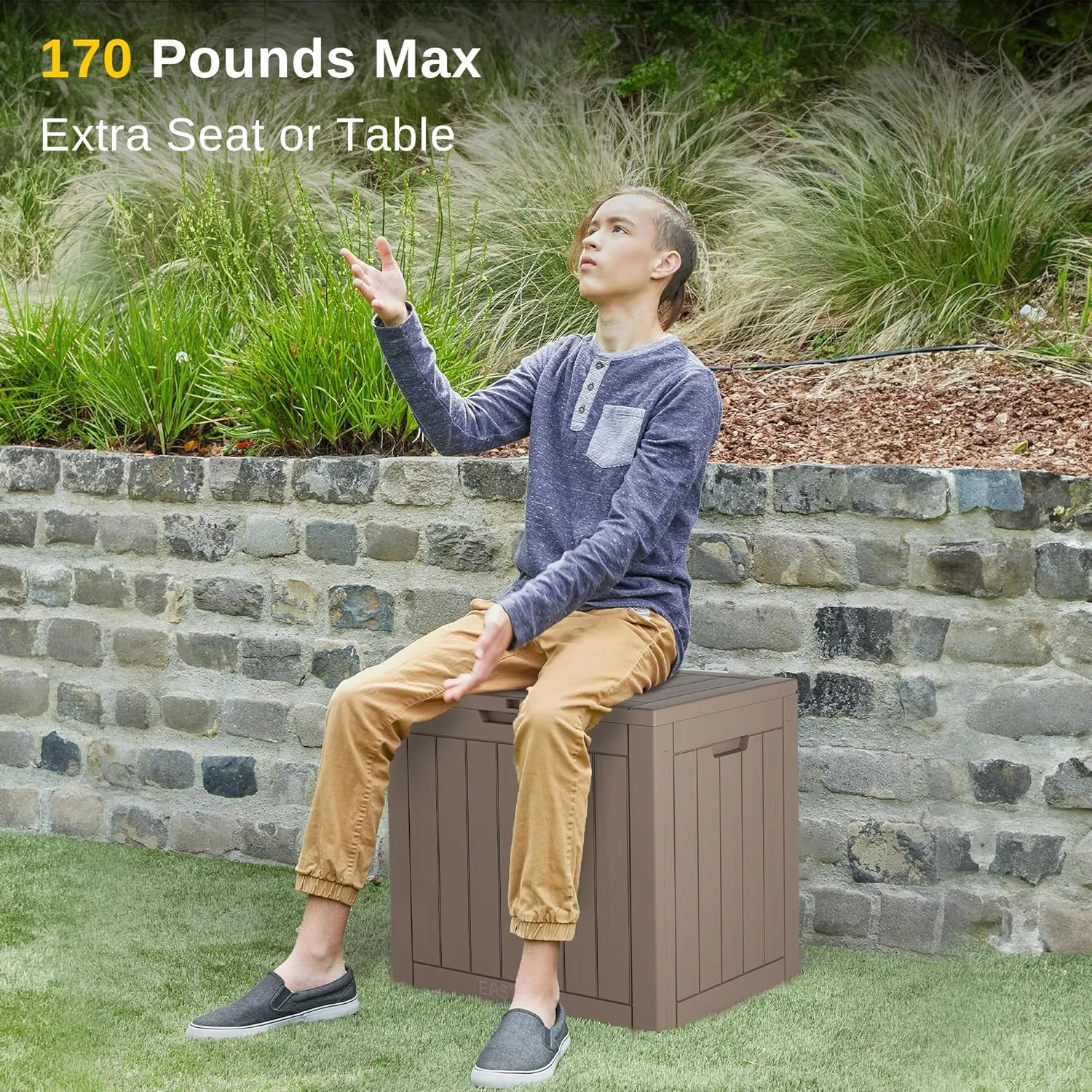 EAST OAK Outdoor Storage Box, 31 Gallon Deck Box, Waterproof Resin Storage Bin for Patio Cushions, Gardening Tools, Pool Accessories, Lockable, UV Resistant, Brown