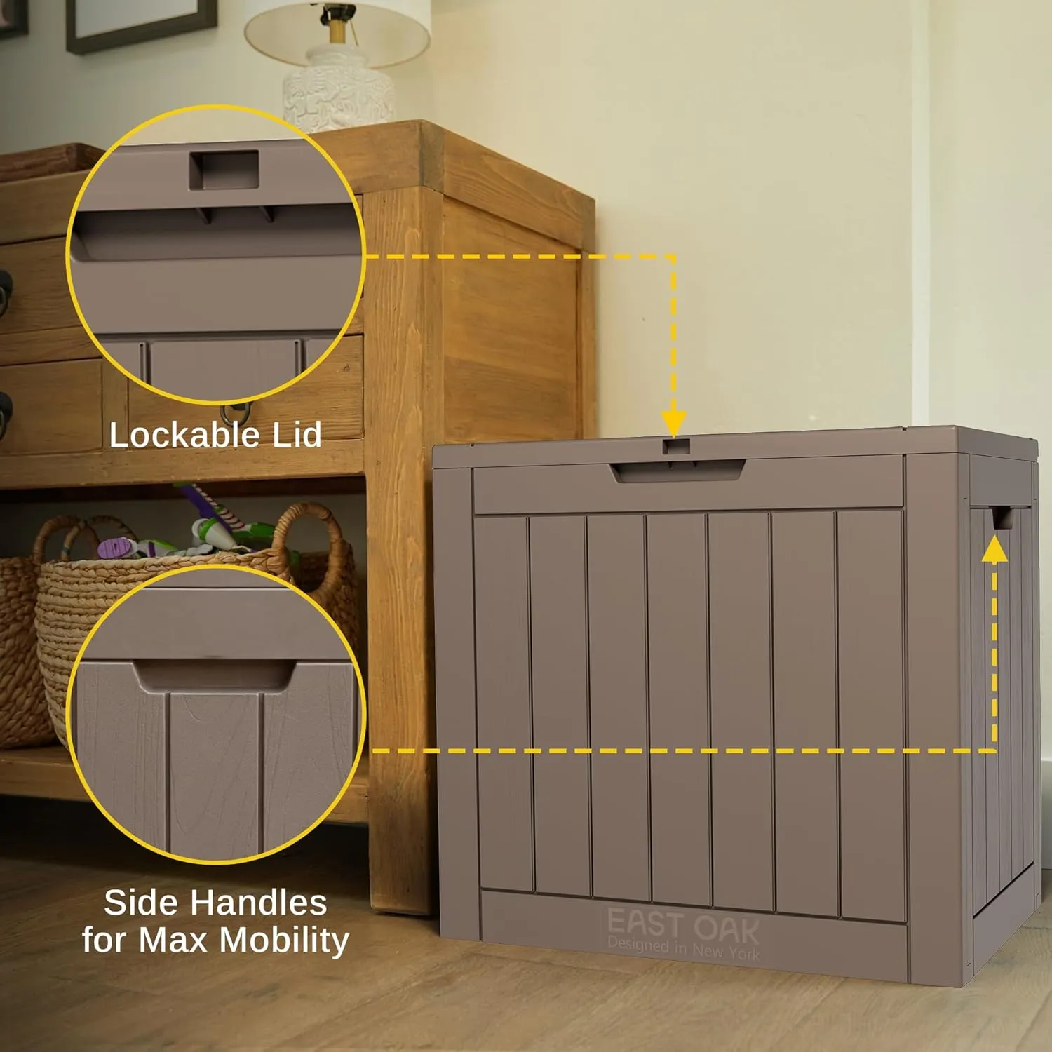 EAST OAK Outdoor Storage Box, 31 Gallon Deck Box, Waterproof Resin Storage Bin for Patio Cushions, Gardening Tools, Pool Accessories, Lockable, UV Resistant, Brown