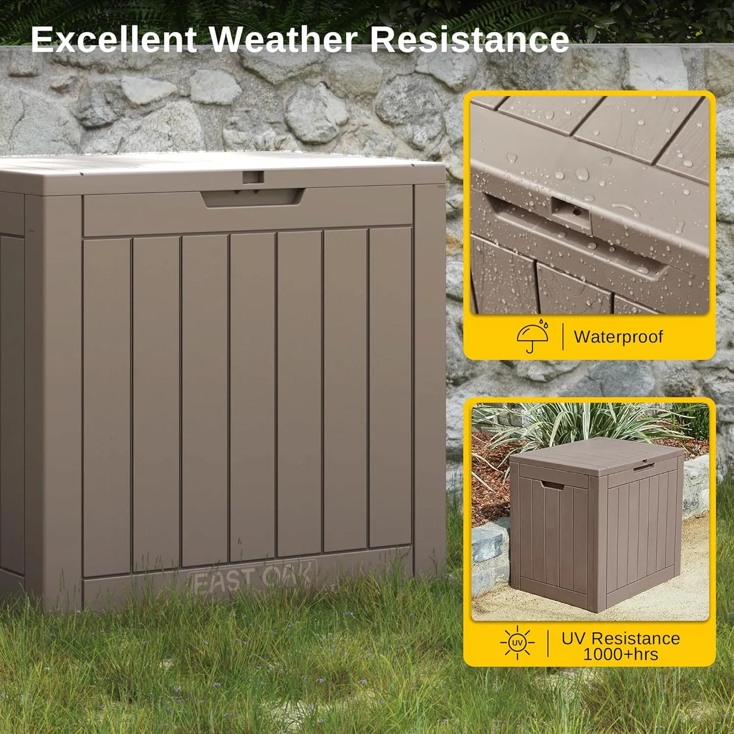 EAST OAK Outdoor Storage Box, 31 Gallon Deck Box, Waterproof Resin Storage Bin for Patio Cushions, Gardening Tools, Pool Accessories, Lockable, UV Resistant, Brown