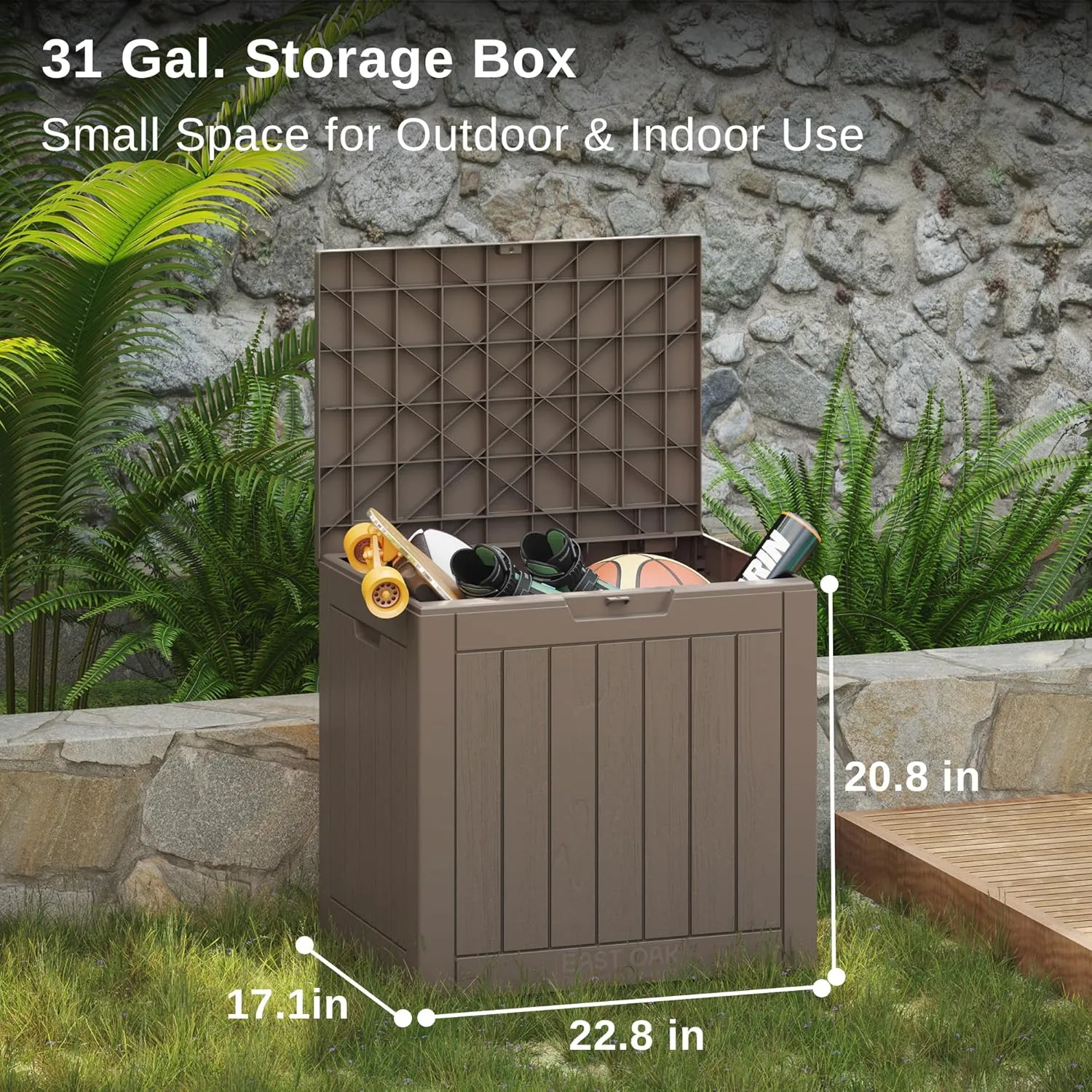 EAST OAK Outdoor Storage Box, 31 Gallon Deck Box, Waterproof Resin Storage Bin for Patio Cushions, Gardening Tools, Pool Accessories, Lockable, UV Resistant, Brown
