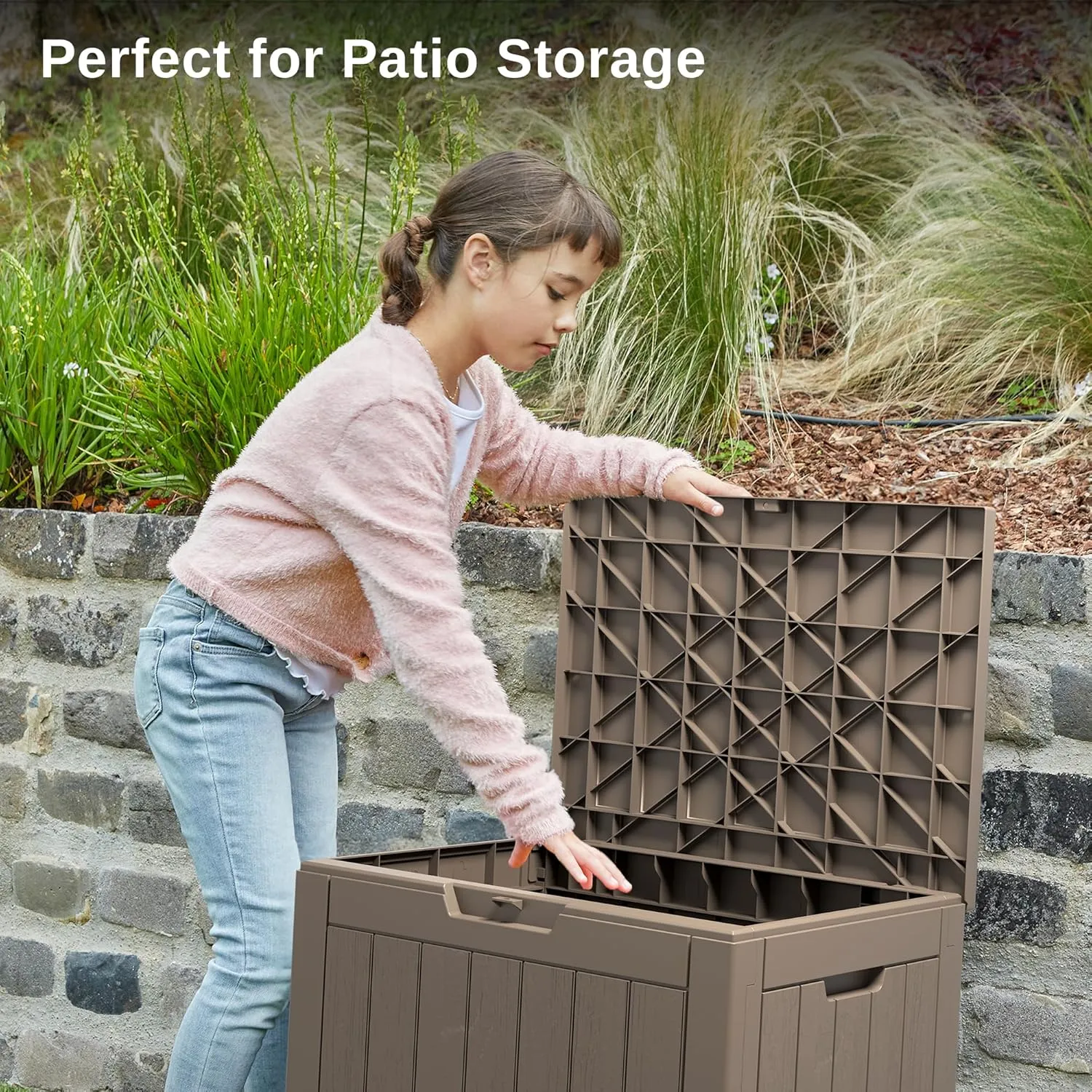 EAST OAK Outdoor Storage Box, 31 Gallon Deck Box, Waterproof Resin Storage Bin for Patio Cushions, Gardening Tools, Pool Accessories, Lockable, UV Resistant, Brown