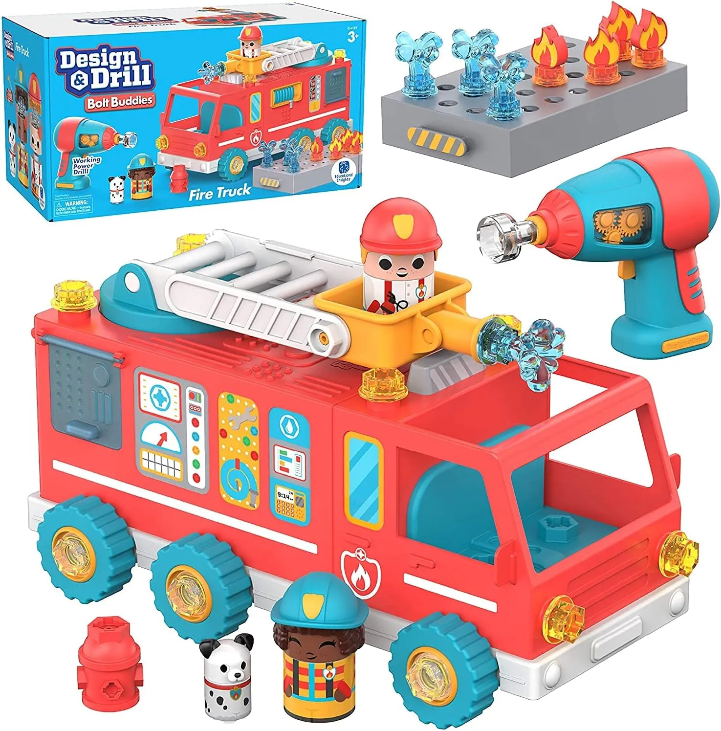 Educational Insights Design & Drill Bolt Buddies Fire Truck - Construction Toys & Toddler Tools, Kids Tool Set with Real Electric Drill Toy, Take Apart STEM Set, Building Kit & Gift for Ages 3 