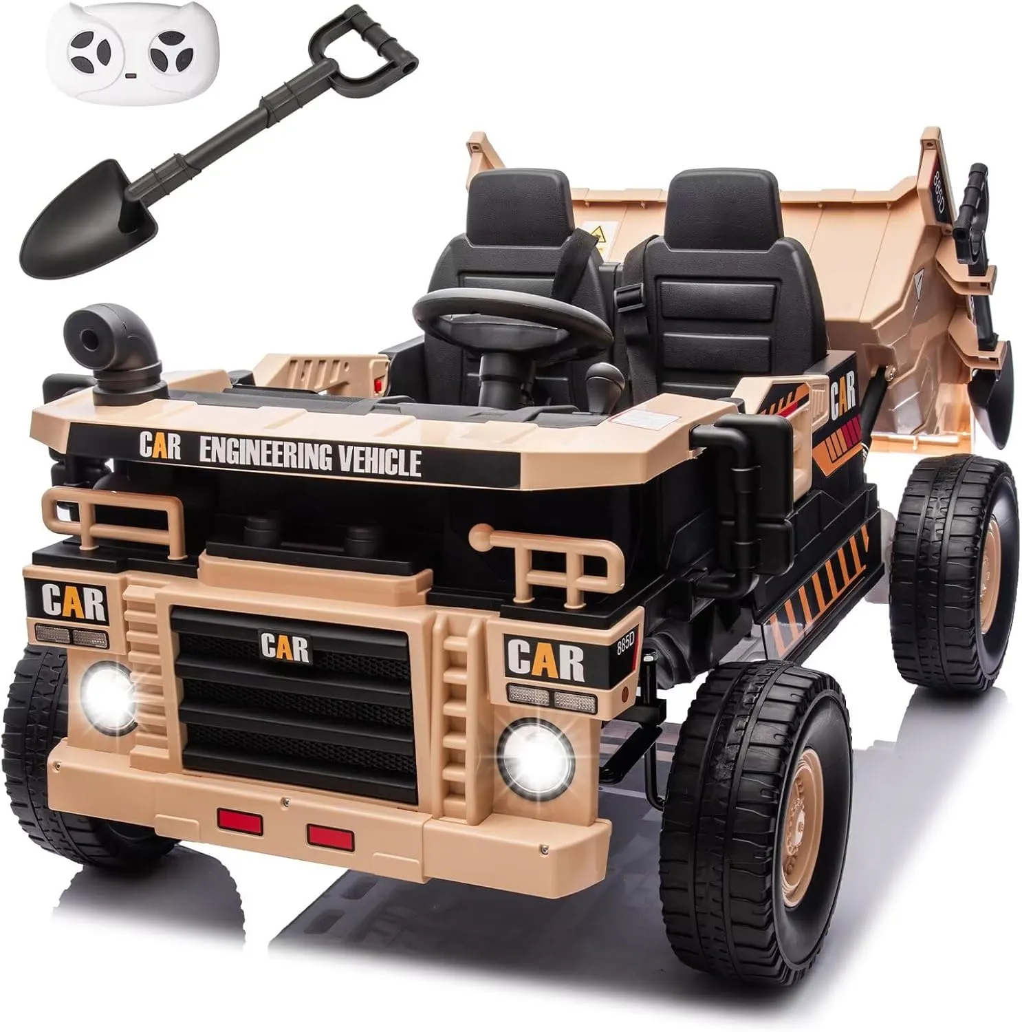 Electric Dump Truck Ride on with Dump Bed and Shovel 12V 4WD Ride on Car for Kids with Remote Control, Ride on Construction Vehicle with, Bluetooth, Music, 2 Seater Soft Start for Kids