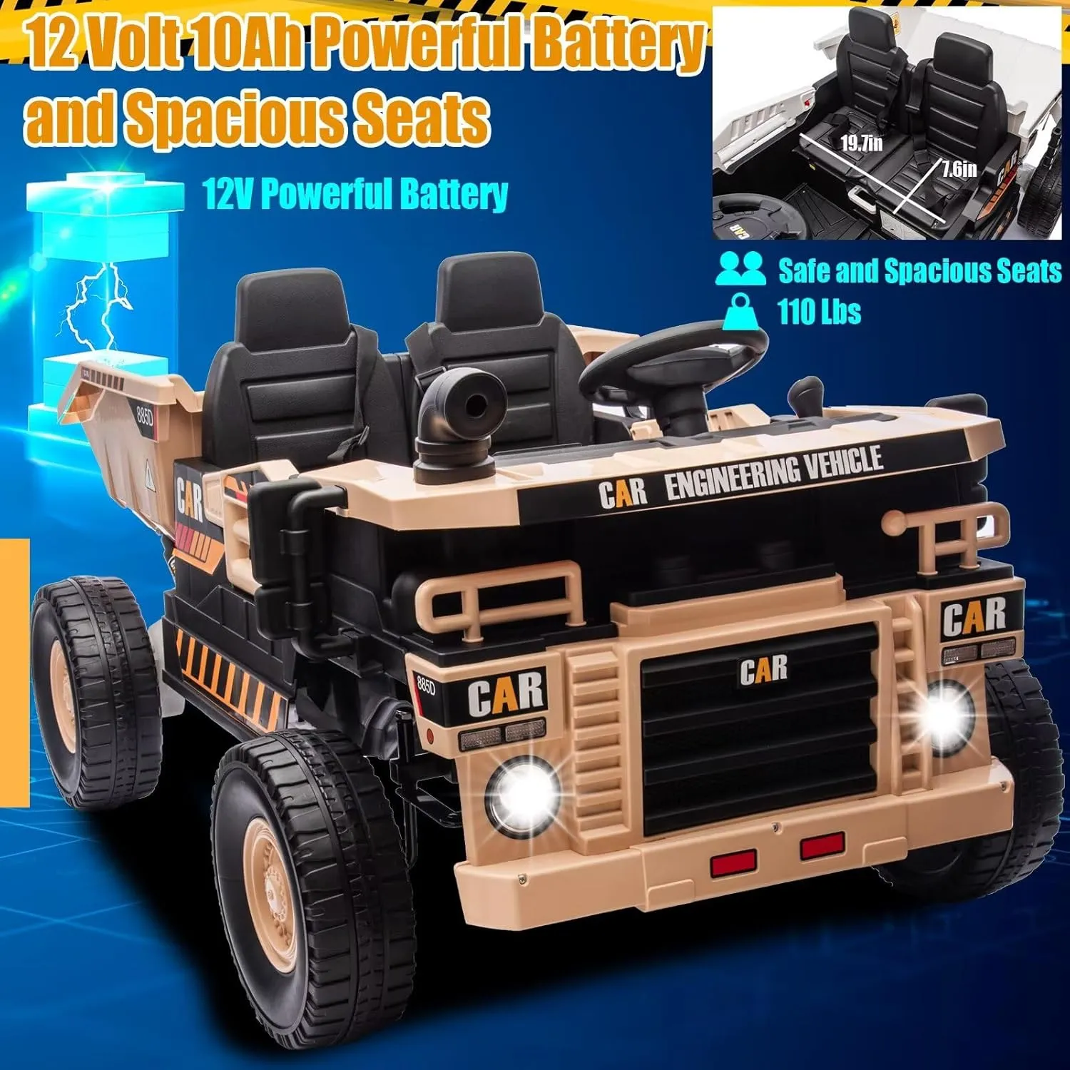 Electric Dump Truck Ride on with Dump Bed and Shovel 12V 4WD Ride on Car for Kids with Remote Control, Ride on Construction Vehicle with, Bluetooth, Music, 2 Seater Soft Start for Kids
