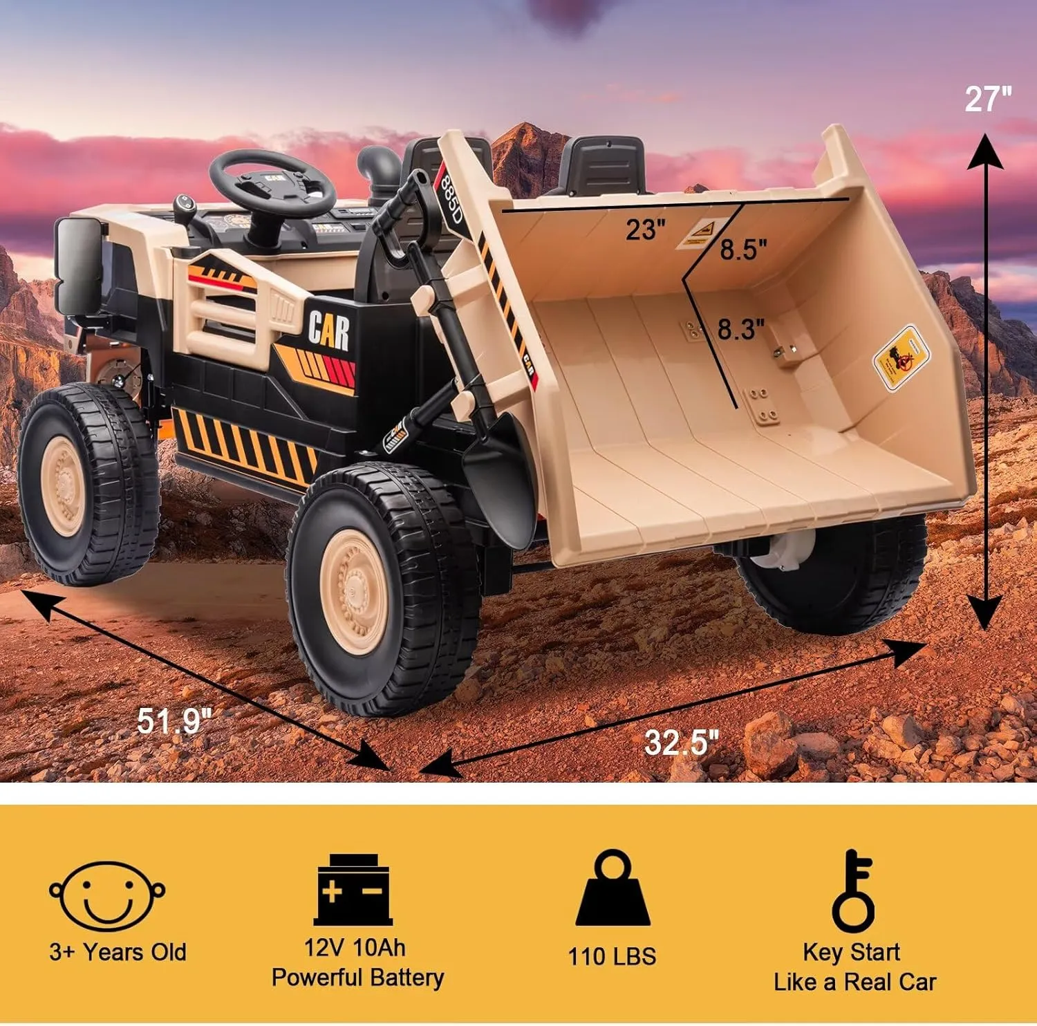 Electric Dump Truck Ride on with Dump Bed and Shovel 12V 4WD Ride on Car for Kids with Remote Control, Ride on Construction Vehicle with, Bluetooth, Music, 2 Seater Soft Start for Kids