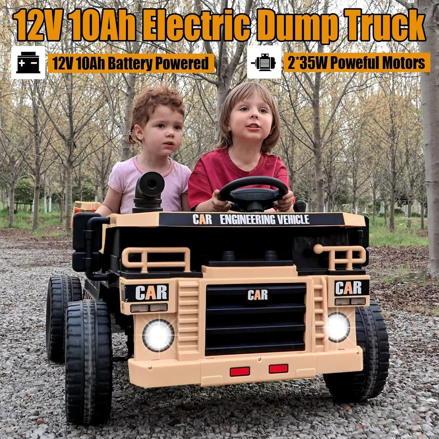 Electric Dump Truck Ride on with Dump Bed and Shovel 12V 4WD Ride on Car for Kids with Remote Control, Ride on Construction Vehicle with, Bluetooth, Music, 2 Seater Soft Start for Kids