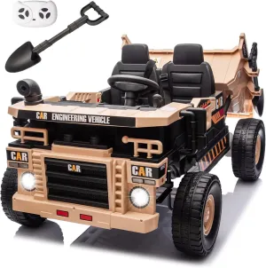 Electric Dump Truck Ride on with Dump Bed and Shovel 12V 4WD Ride on Car for Kids with Remote Control, Ride on Construction Vehicle with, Bluetooth, Music, 2 Seater Soft Start for Kids