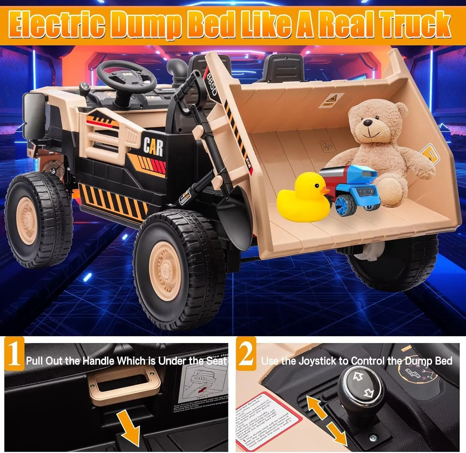 Electric Dump Truck Ride on with Dump Bed and Shovel 12V 4WD Ride on Car for Kids with Remote Control, Ride on Construction Vehicle with, Bluetooth, Music, 2 Seater Soft Start for Kids
